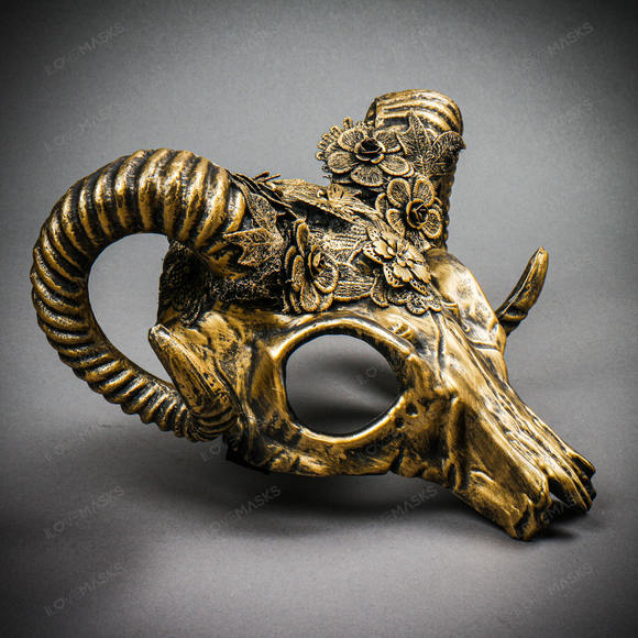 Antelope Devil Ram Horn Skull Ghost Masquerade Mask - Black Gold - Picture 7 of 9